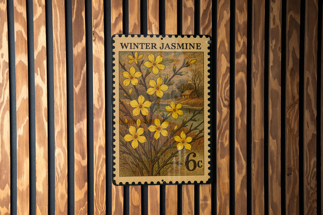 A vintage-style postage stamp featuring a floral design with yellow flowers, mounted on a wooden wall.