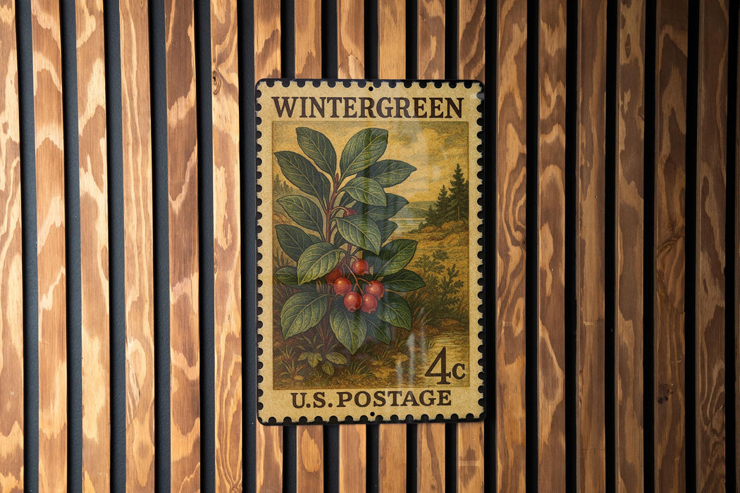 A vintage U.S. postage stamp featuring a plant with red berries, mounted on a wooden wall.