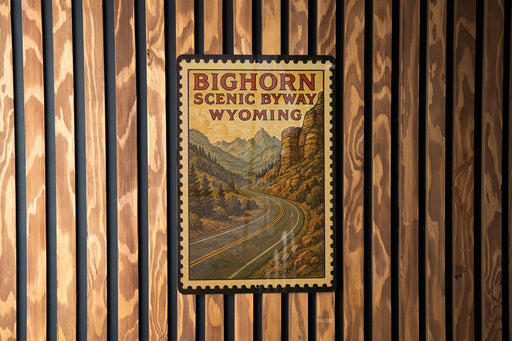 A vintage-style poster of the Bighorn Scenic Byway in Wyoming, featuring a winding road surrounded by mountains and forests.