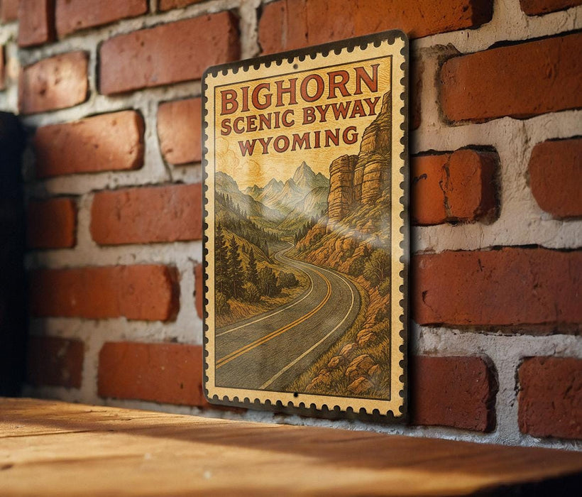 A vintage-style poster of the Bighorn Scenic Byway in Wyoming is displayed on a brick wall, with a wooden table below it.