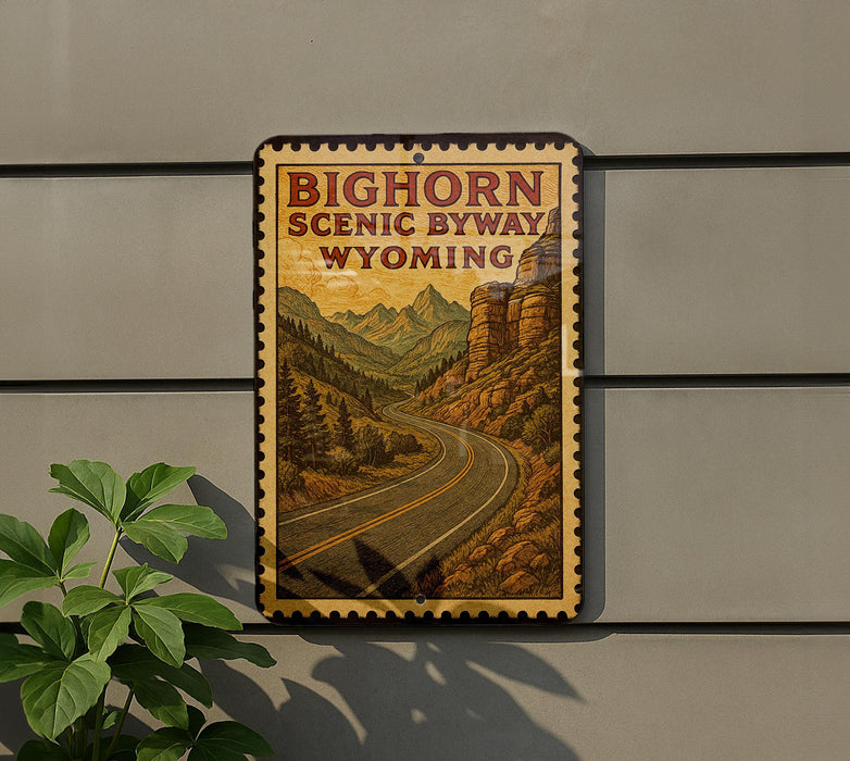 A vintage-style sign for the Bighorn Scenic Byway in Wyoming, featuring a winding road surrounded by mountains and trees.