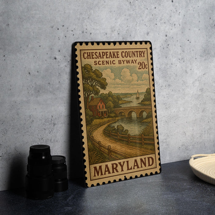 A framed postage stamp from Maryland depicting a scenic countryside landscape with a house, bridge, and river.