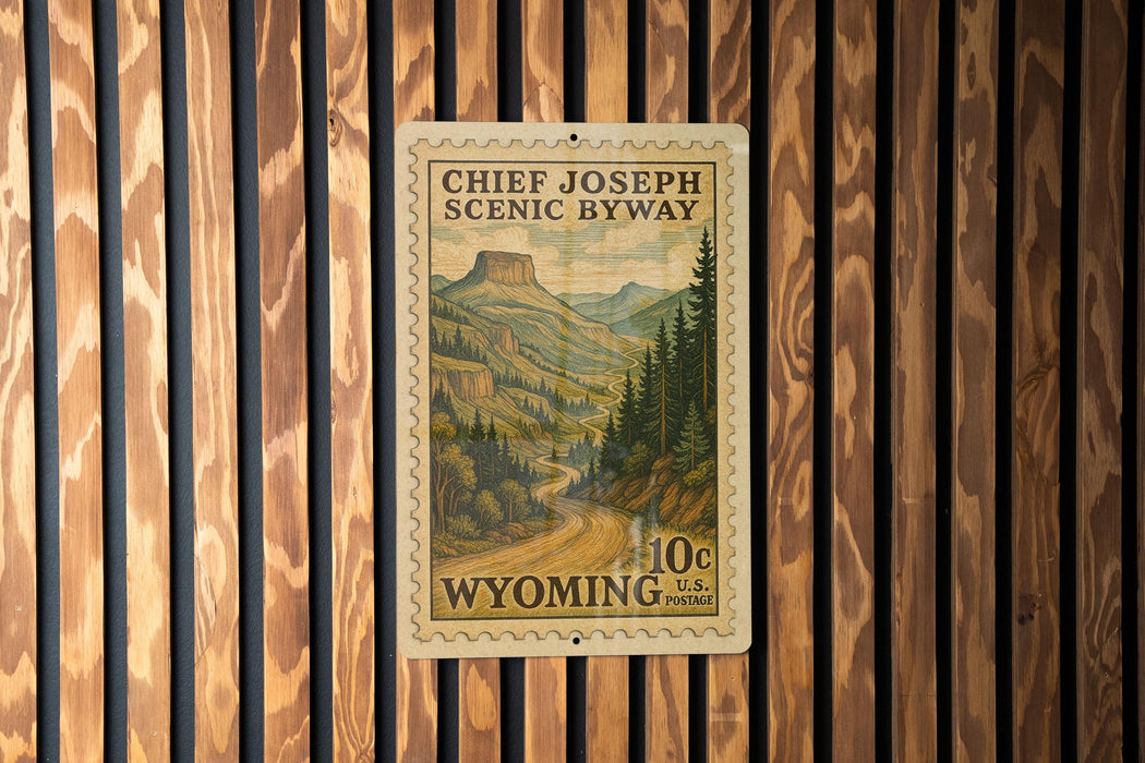 A vintage postage stamp from Wyoming, featuring a scenic mountain landscape, is displayed on a wooden wall.