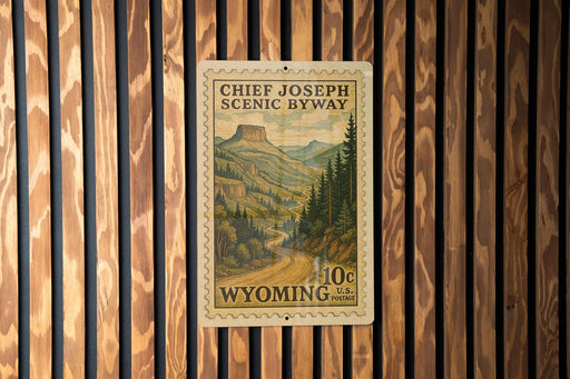 A vintage postage stamp from Wyoming, featuring a scenic mountain landscape, is displayed on a wooden wall.