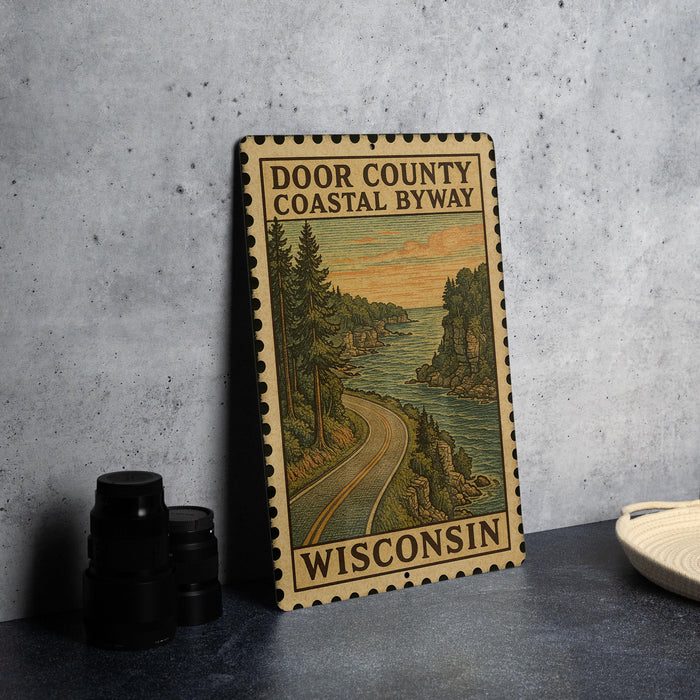 A framed poster of Door County, Wisconsin, featuring a scenic coastal landscape with a winding road and pine trees.