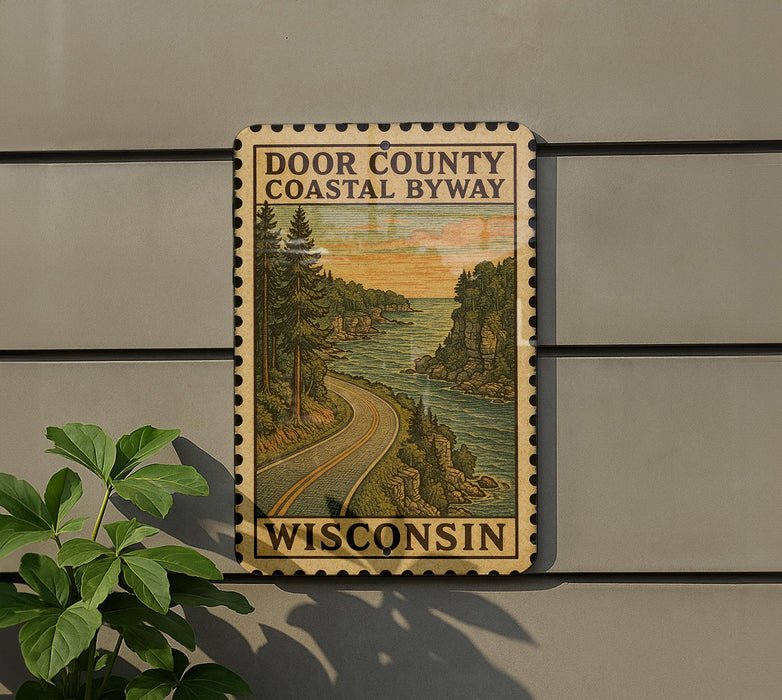 A wooden sign with a scenic coastal landscape, featuring a winding road and a body of water, mounted on a wall.
