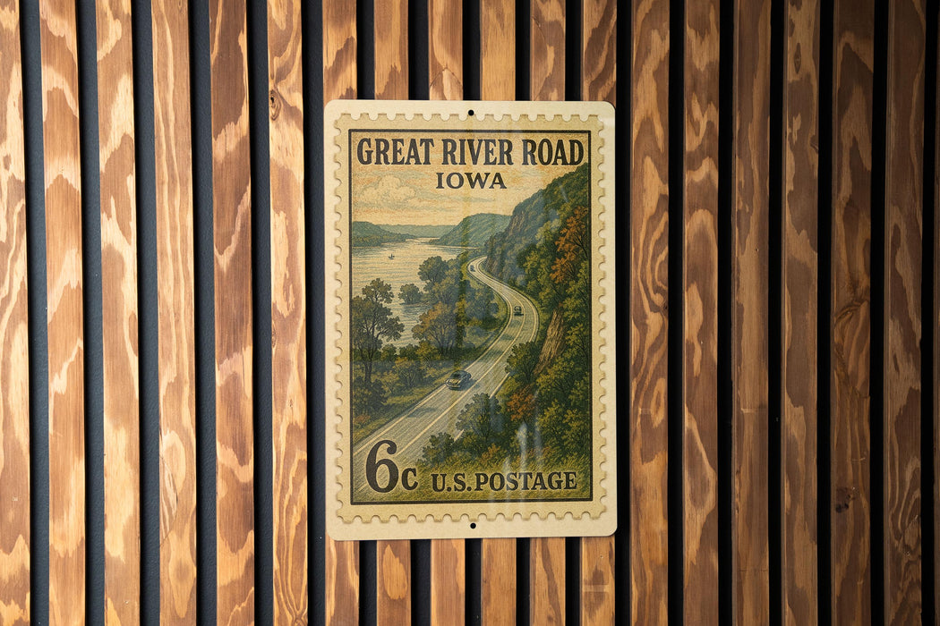 A postage stamp from the United States of America, featuring a scenic road through a wooded area with a lake in the background.