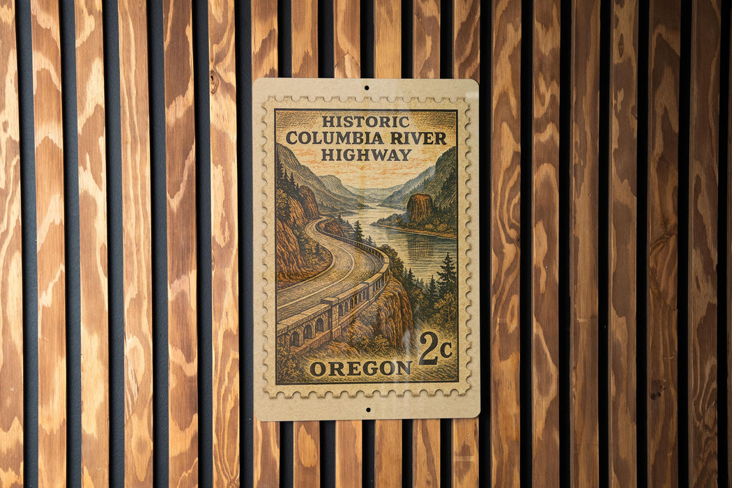 A 2-cent historic Columbia River Highway postage stamp from Oregon is displayed on a wooden wall.