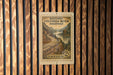 A 2-cent historic Columbia River Highway postage stamp from Oregon is displayed on a wooden wall.