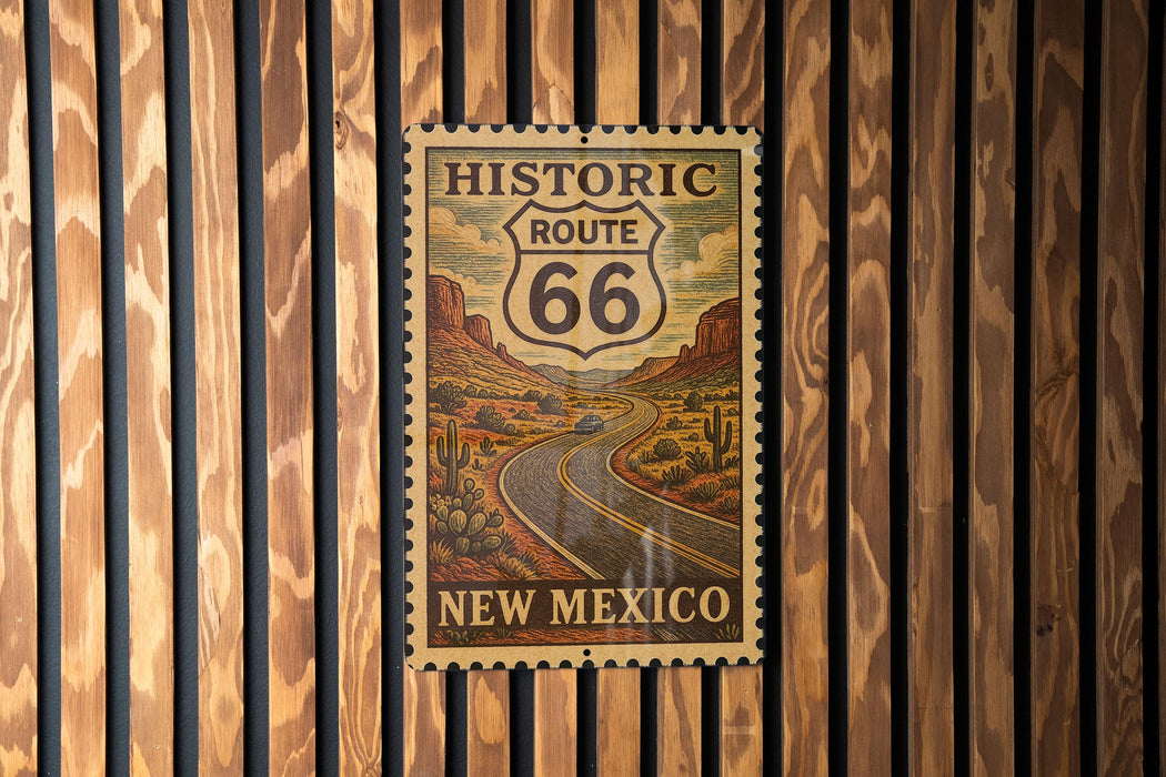 A vintage-style poster of the historic Route 66 in New Mexico, featuring a winding road and desert landscape.