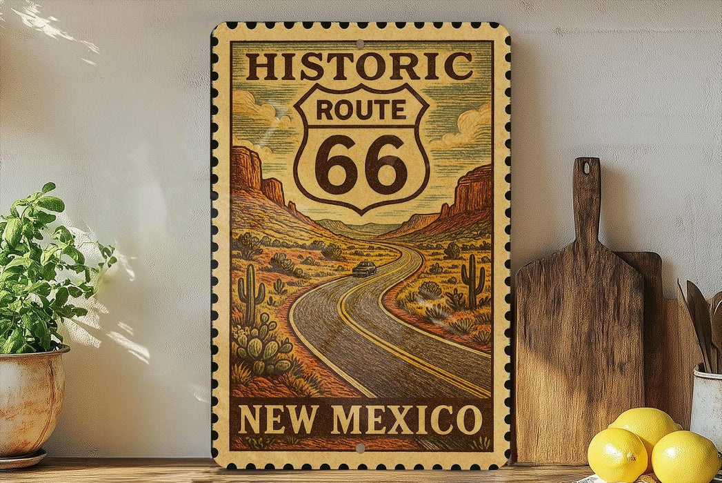 a vintage-style road sign for Historic Route 66, which is located in New Mexico.