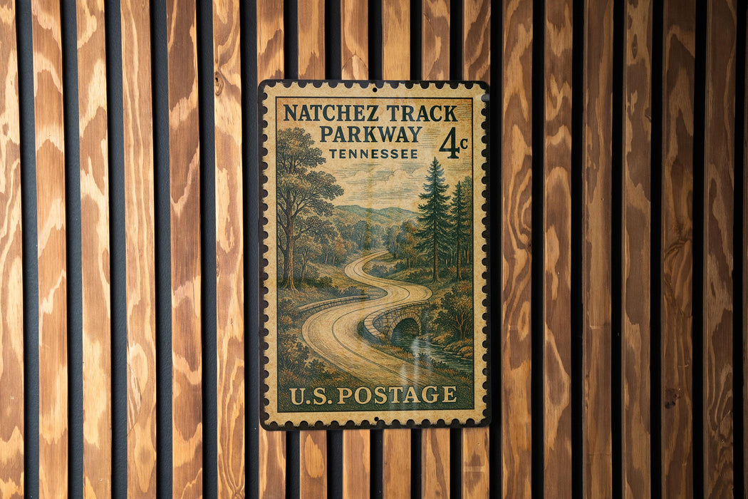 A vintage U.S. postage stamp from the Natchez Track Parkway in Tennessee, featuring a winding road surrounded by trees and mountains.