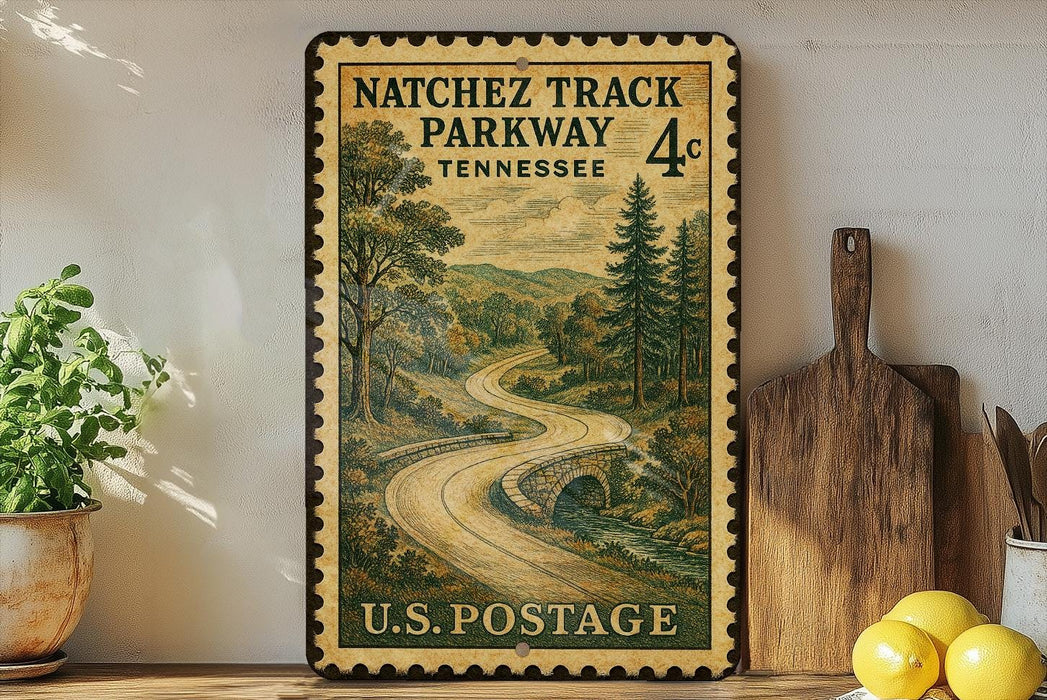 A vintage postage stamp depicting a winding road through a forest, with the text "NATCHEZ TRACK PARKWAY TENNESSEE 4c U.S. POSTAGE" printed on it.
