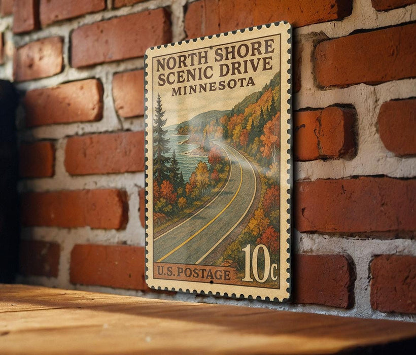 A vintage U.S. postage stamp depicting a scenic drive in Minnesota, mounted on a brick wall.