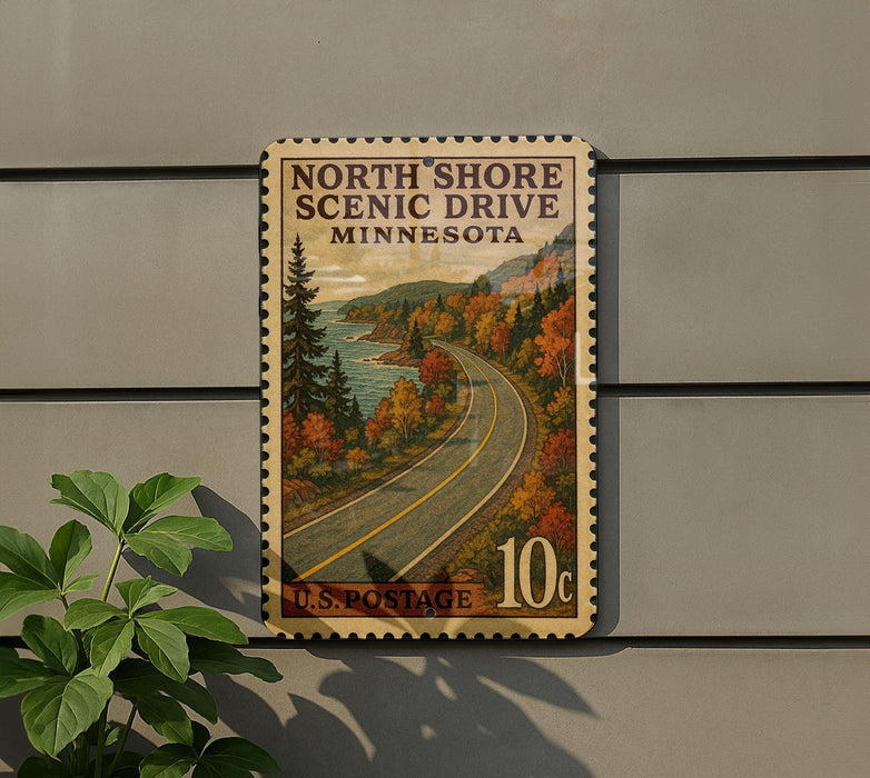 A vintage U.S. postage stamp depicting a scenic drive through North Shore Scenic Drive in Minnesota, with a road winding through a forested area and a body of water in the background.