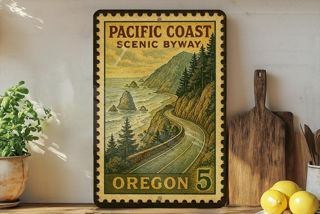A vintage-style Pacific Coast Scenic Byway sign is displayed on a shelf, surrounded by kitchen utensils and a potted plant.