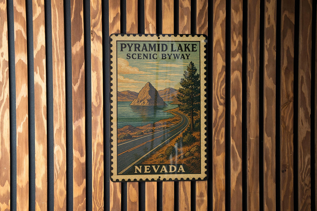 A vintage-style metal sign for Pyramid Lake Scenic Byway in Nevada, featuring a scenic landscape with mountains, a lake, and a road.