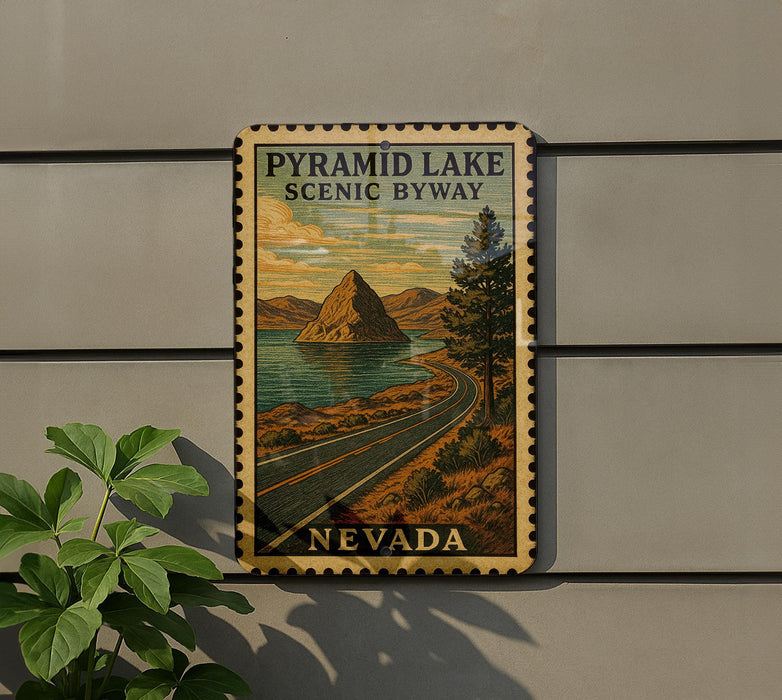 A vintage-style poster of Pyramid Lake, a scenic byway in Nevada, is displayed on a wall next to a plant.