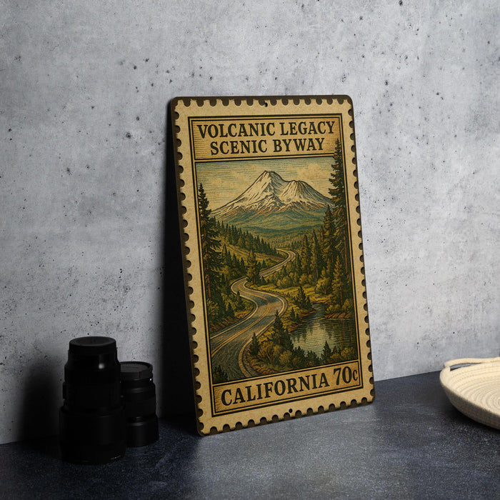 A vintage-style metal sign with a scenic mountain landscape and a winding road, placed on a gray countertop next to some black camera lenses.