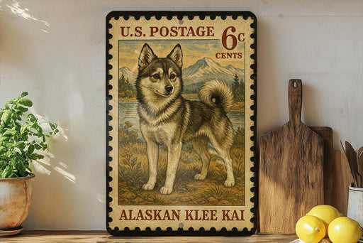 A vintage U.S. postage stamp featuring an Alaskan Klee Kai dog, with a wooden paddle and lemons on a shelf in the background.