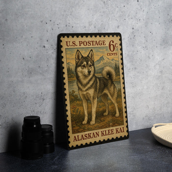 A U.S. postage stamp featuring an Alaskan Klee Kai dog, with a mountain landscape in the background.