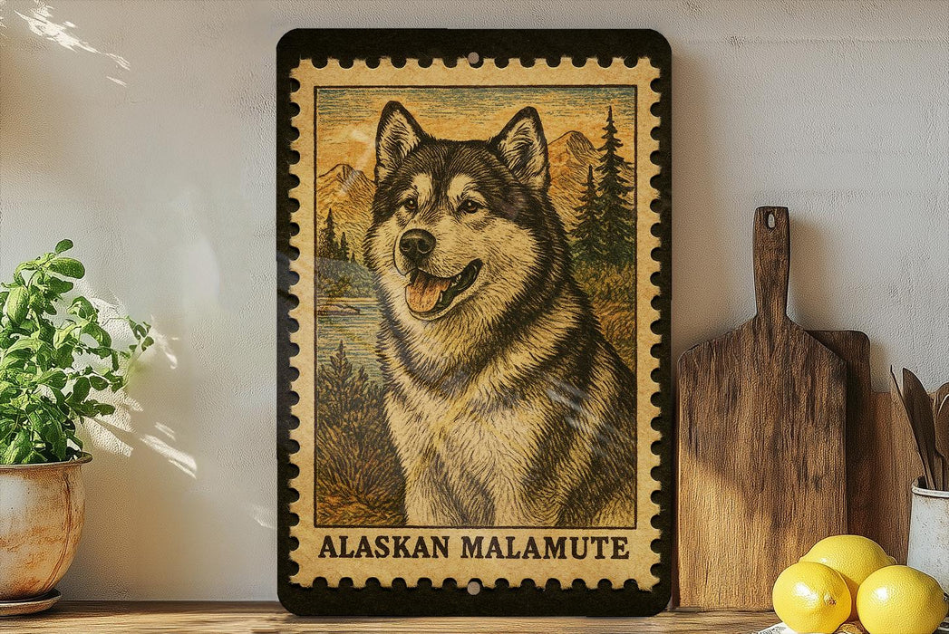 A framed image of an Alaskan Malamute dog, with the text "Alaskan Malamute" printed on the frame.