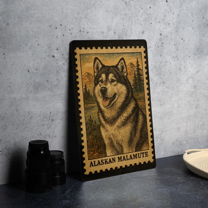 A framed image of a husky dog, specifically an Alaskan Malamute, is displayed on a wall.