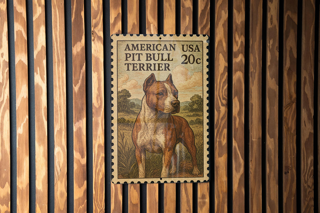 A postage stamp featuring an illustration of an American Pit Bull Terrier dog.