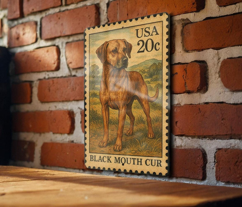 A wooden table with a framed image of a dog, which appears to be a postage stamp depicting a dog.