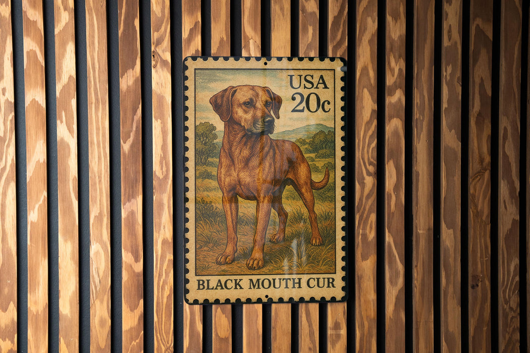 A vintage-style postage stamp featuring a brown dog standing in a grassy field, mounted on a wooden wall.