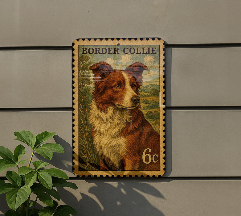 A vintage-style Border Collie postage stamp is displayed on a wall, with a potted plant to the left.