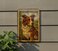 A vintage-style Border Collie postage stamp is displayed on a wall, with a potted plant to the left.