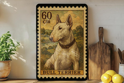 A bull terrier dog is depicted on a framed stamp-like artwork, which is displayed on a shelf next to a wooden cutting board and some lemons.