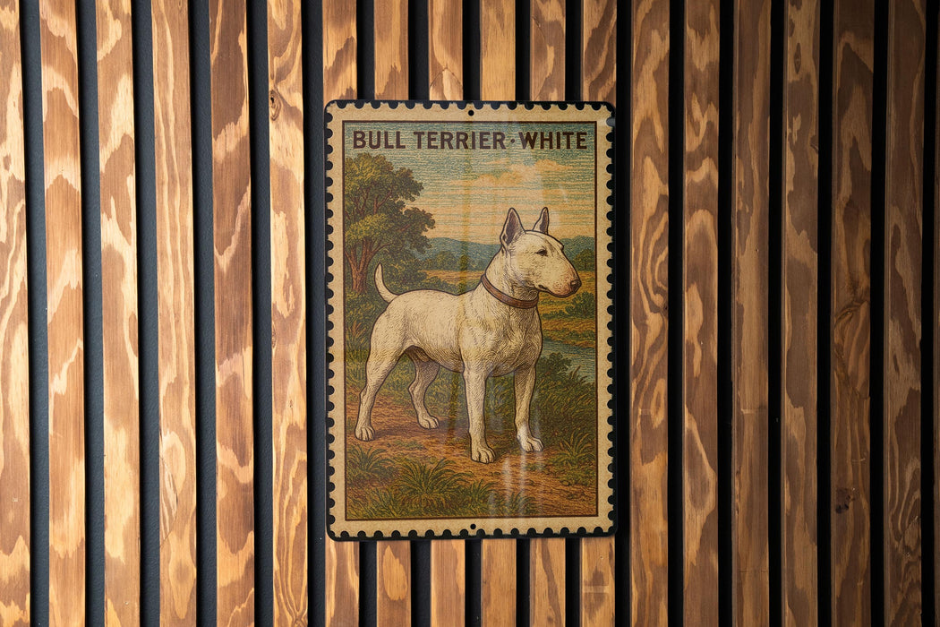 A bull terrier white dog standing on a dirt path in a wooded area, as depicted in a vintage-style metal stamp.