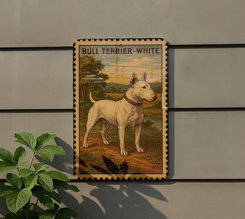a bull terrier, specifically a white bull terrier, standing on a dirt path in a natural setting.