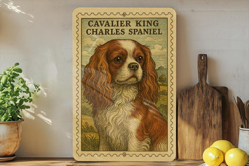 a framed illustration of a Cavalier King Charles Spaniel dog, with a potted plant to the left and a wooden cutting board to the right.