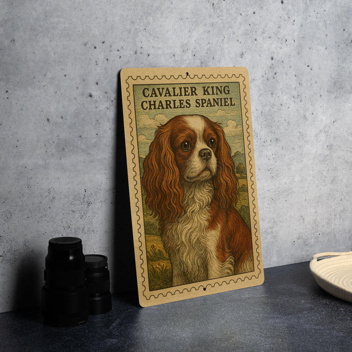 a framed illustration of a Cavalier King Charles Spaniel dog, which is a type of dog breed.