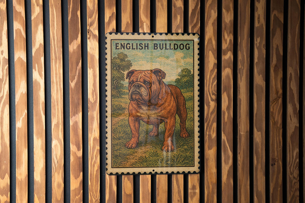 a large brown bulldog standing on a grassy field.