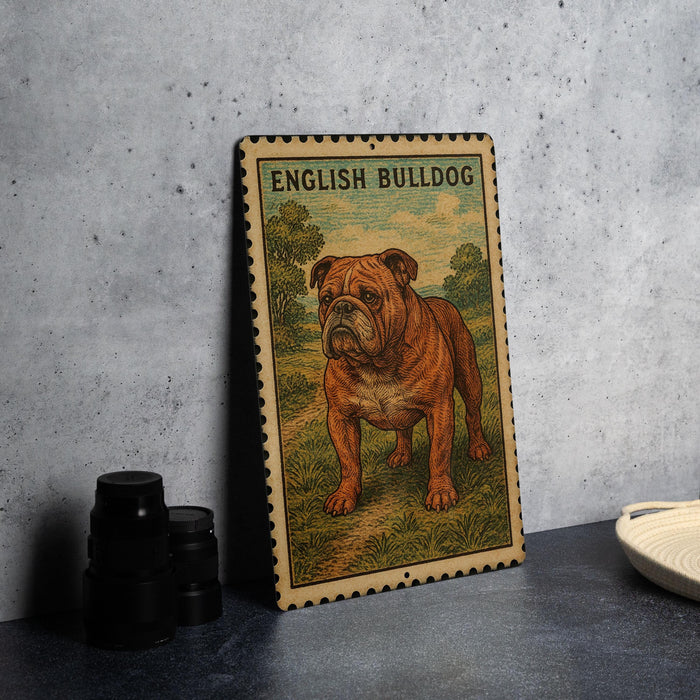 A metal sign with an illustration of an English Bulldog standing on a grassy field.