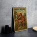 A metal sign with an illustration of an English Bulldog standing on a grassy field.