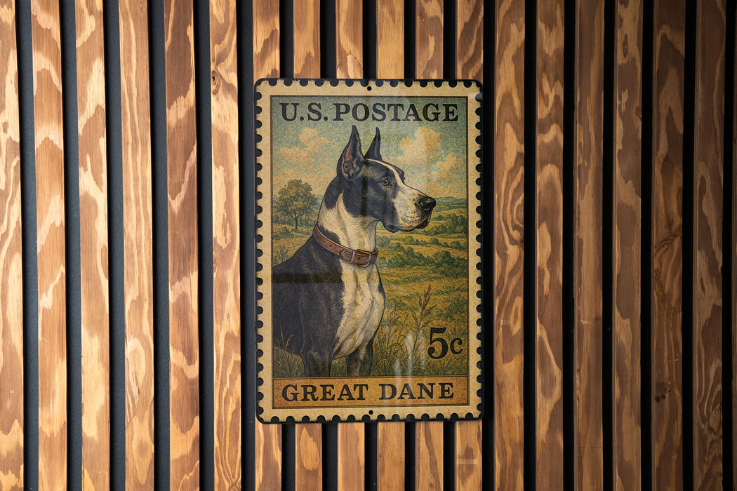 A U.S. postage stamp featuring a Great Dane dog in a field.