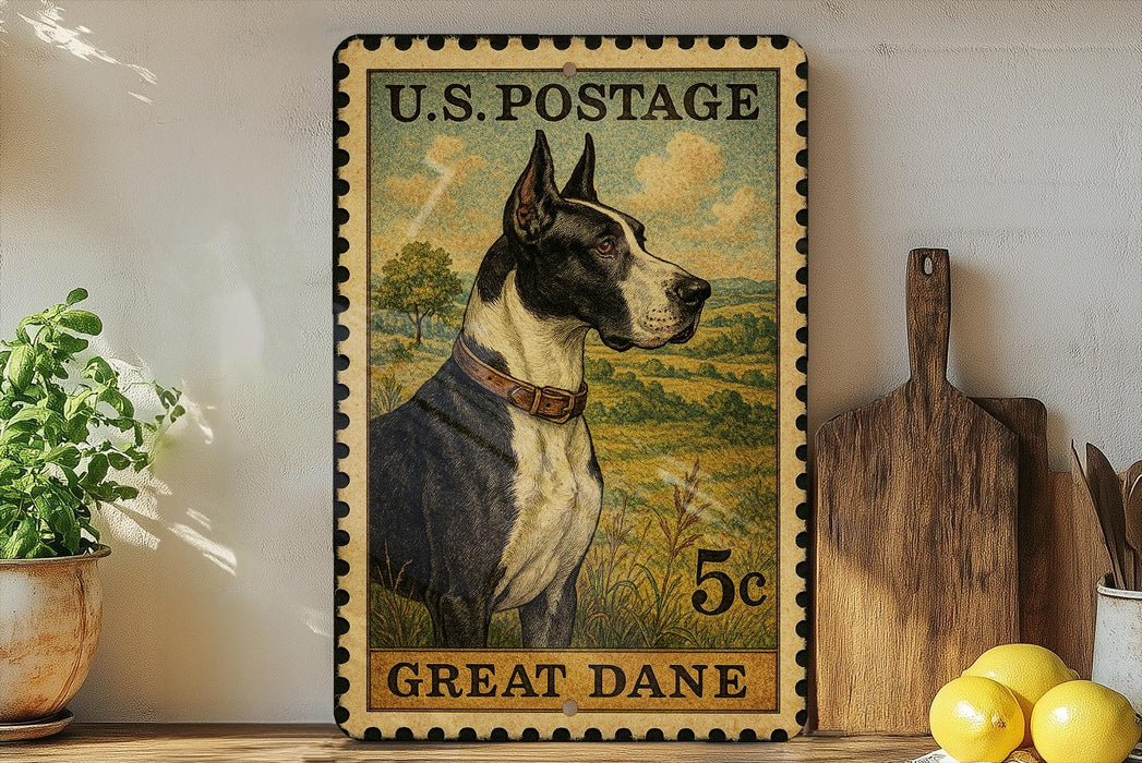 A framed postage stamp featuring a Great Dane dog, placed on a shelf next to a wooden cutting board and some lemons.