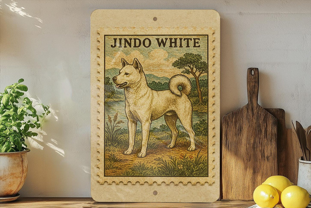 a framed illustration of a white dog, likely a breed called Jindo, standing in a natural setting with a potted plant and other kitchen items in the background.