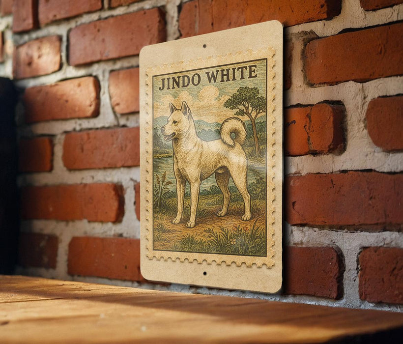 A wooden surface with a framed illustration of a white dog, which appears to be a breed called Jindo White, mounted on a brick wall.