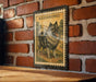 A metal stamp-like artwork depicting a dog, specifically a Pomeranian, is mounted on a brick wall.