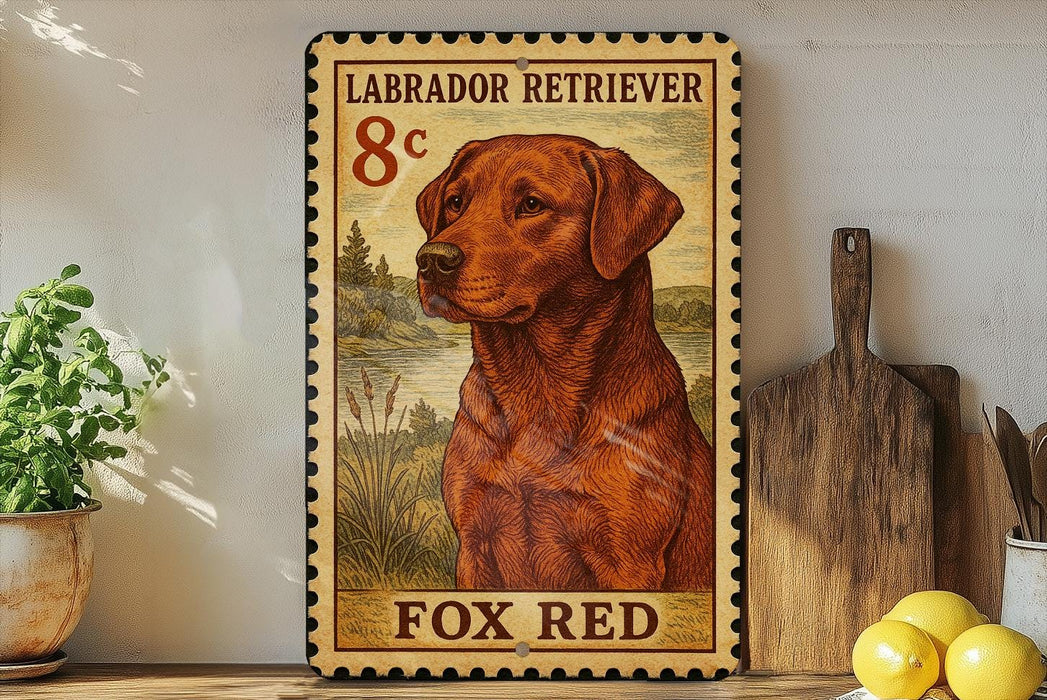 A framed vintage-style stamp featuring a Labrador Retriever dog, with the text "LADERD RETAILER" and "FOX RED" printed on it. The stamp is placed on a wooden surface, with a potted plant, a wooden cutting board, and some lemons nearby.
