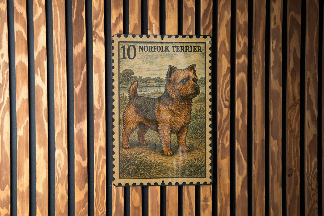 A postage stamp featuring a dog, specifically a Norfolk Terrier, is displayed on a wooden wall.