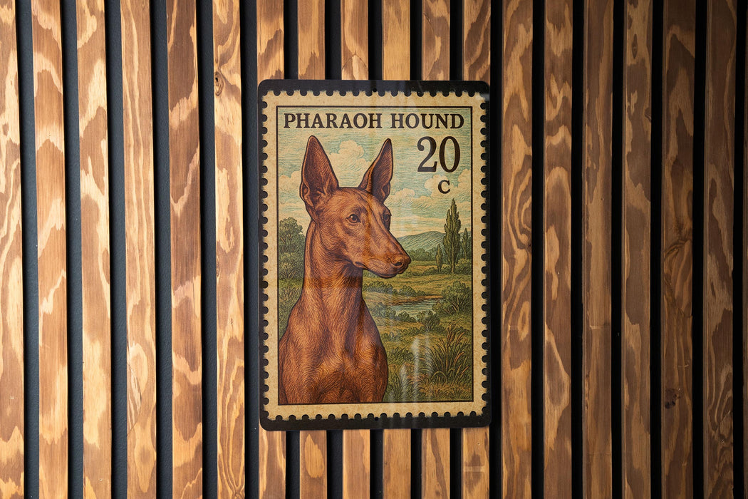 A 20c Egyptian Hound postage stamp is displayed on a wooden wall.