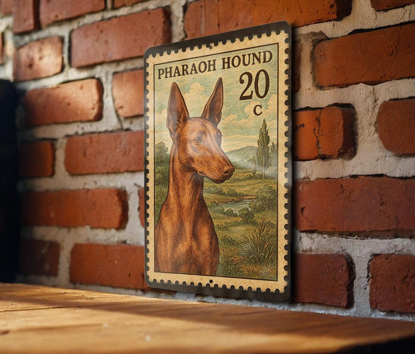 A vintage-style postage stamp featuring a portrait of a brown dog, likely a pharaoh hound, against a landscape background.
