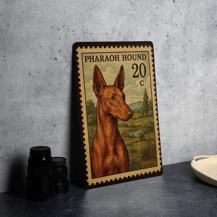 A metal stamp featuring an illustration of a brown dog, likely an Anubis hound, with a landscape in the background.